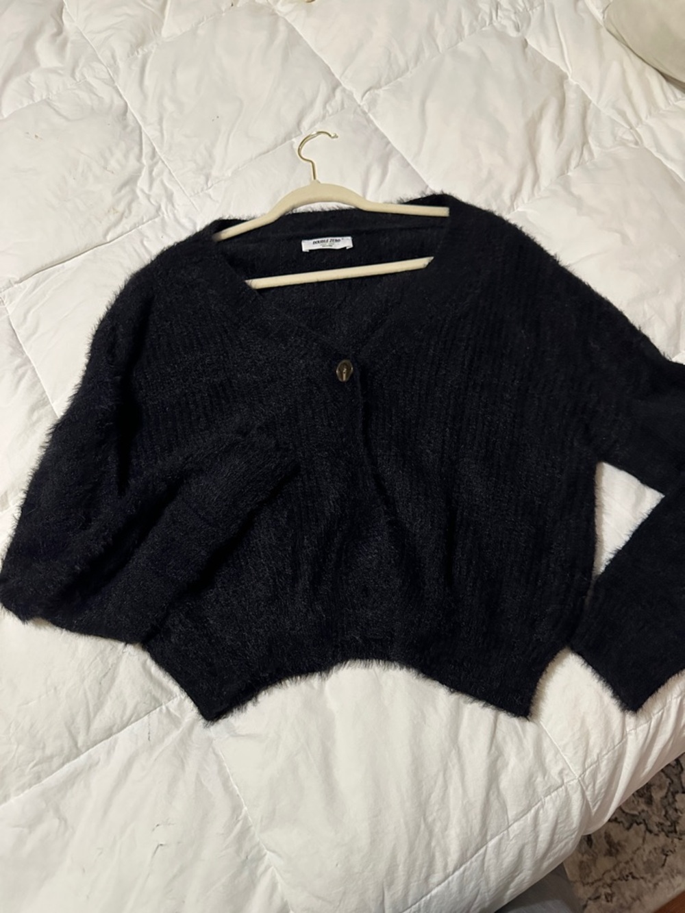 Women's Black Fuzzy V-Neck Button Sweater